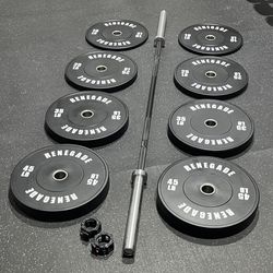 🔥🔥NEW RENEGADE 230 POUND OLYMPIC BUMPER PLATE SET WITH BLACK ZINC OLYMPIC BARBELL FREE DELIVERY🚚