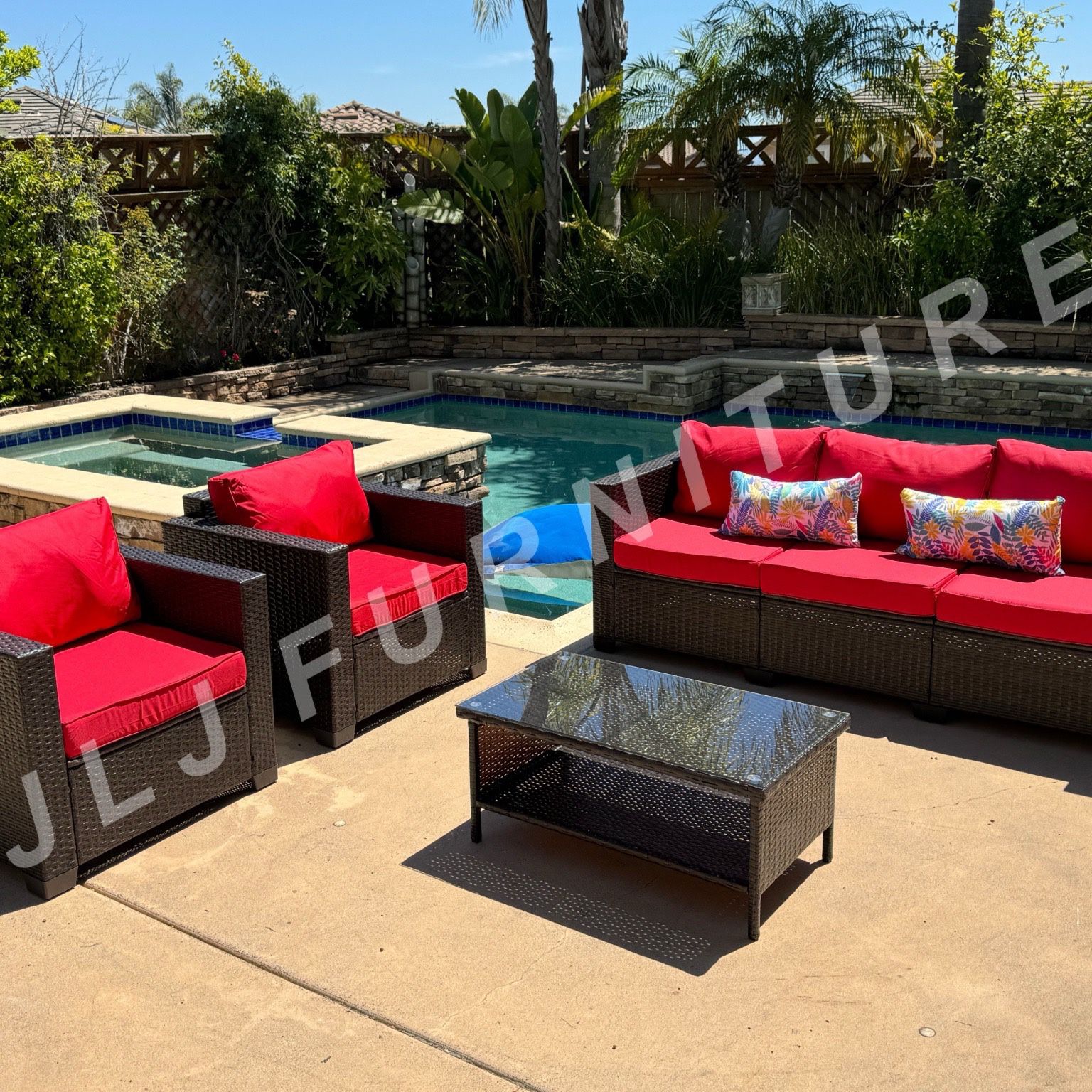 NEW🔥Outdoor Patio Furniture 4 Pc Brown Wicker Red Cushions Conversation Set ASSEMBLED