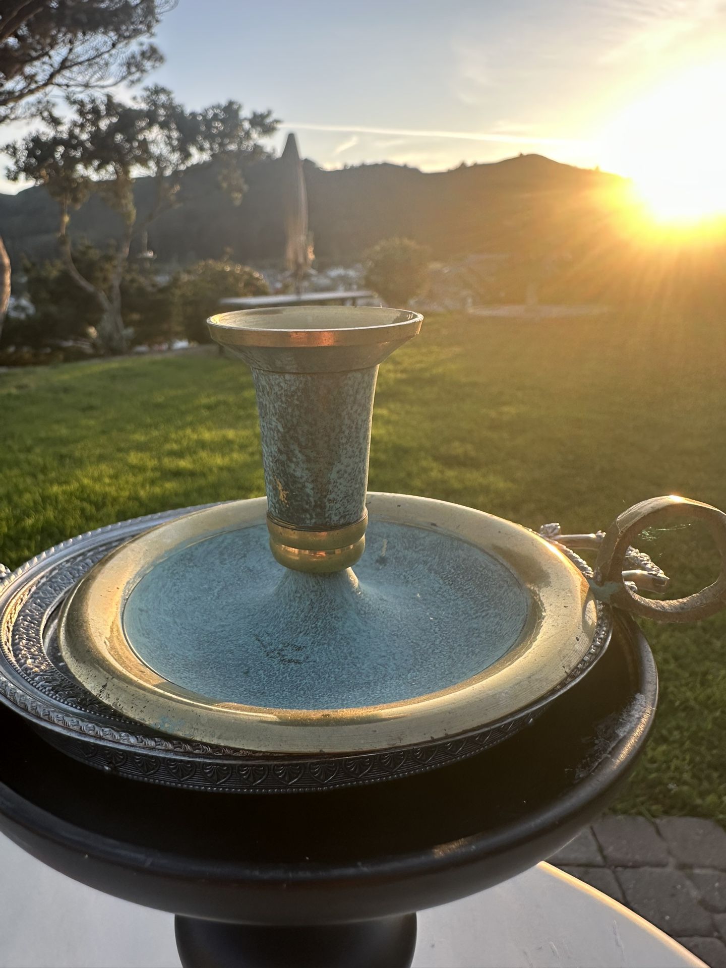 small brass blue metal round candle holder with handle taper approx 3.5"