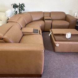 Furniture- 100% Real Top Grain Leather 6 Pc Sectional With 2 Power Recliners- Lovro
