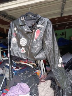 Black Faux Leather Moto Jacket with Patches