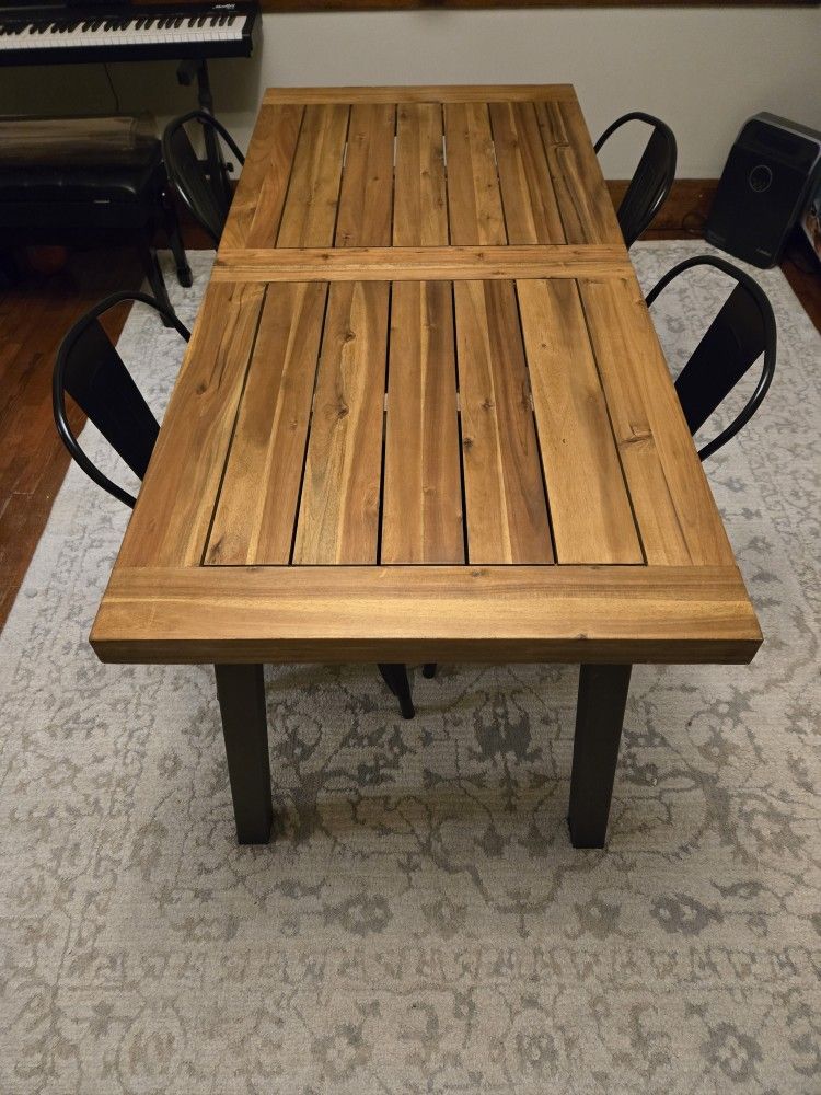 Acacia Wood Dining Table, Natural Stained with Rustic Metal, 32.25 in x 69 in x 29.5 in, & 4 Black Metal Farm House Chairs With Velvet Seat Pads