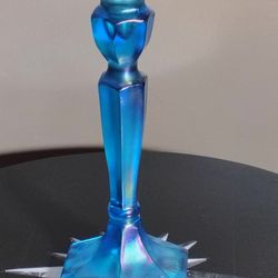 Vintage Northwood Colonial Stretch Blue Carnival Glass Candlestick 10.5" Fenton Celeste Irisescent