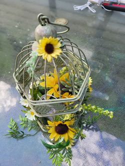 Two hanging Bird Cages One Large With A Honey Cone Inside Second One Is Smaller And Has Iltes Inside