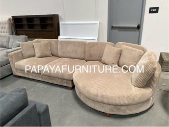 New 125” Round chaise Sectional, Corduroy Couch, Modern Sectional with Round Chaise, Soft Plush Corduroy Couch, Tan couch, Light Brown Sectional, Came