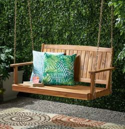 2-Person Wood Outdoor Porch Swing with Breathable Feature for Patio Garden Yard, Teak [NEW] **Assembly Req**