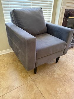 Gray Velvet Accent Chair with Wood Legs