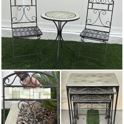 6 pc tile + black wrought iron bistro set - 4 tables 2 chairs