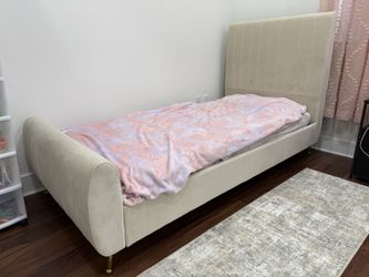 Twin Bed Frame Beige Cream Tufted Velvet and Mattress 
