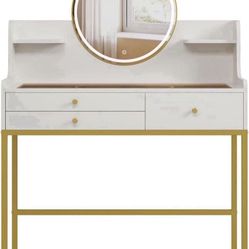 Makeup Vanity Desk with Mirror and Lights, Glass Top Vanity Desk with 3 Drawers & 2 Storage Shelves, Bedroom Dressing Table with Power Outlet, 3 Light