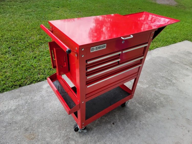U.S. General 30 In. 5 Drawer Mechanic's Cart, Red