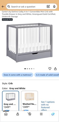 Mini Crib with drawer- grey and white (Carter's by DaVinci Colby)