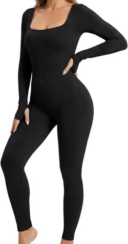 Black Ribbed Long Sleeve Jumpsuit