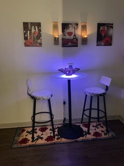 FULL SET-LED Glass Bar Table Top w/ Bar Stool Cushioned Chairs