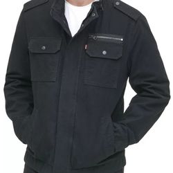 New LEVI'S Mens Washed Cotton Military Jacket-Black-Size Large