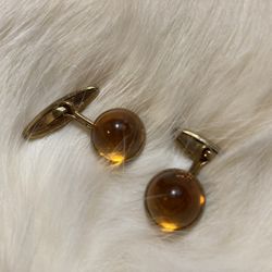 Vintage Brass Cufflinks w/ Bright Orange Amber Cabochons - Art Deco MCM - 1/2"
