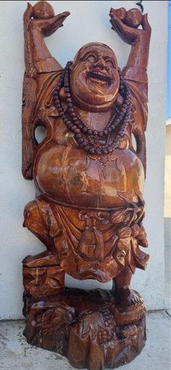 Large Hand-Carved Wooden Laughing Buddha Statue – Unique Vintage Decor Piece