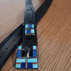 Yazzie Vintage Navajo Sterling Silver Turquoise Lapis Ranger Leather Belt 