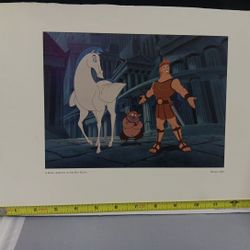 Disney HERCULES Original production cel from Walt Disney’s 1997 film Hercules, featuring a prime shot of Hercules, Pegasus, and Phil.