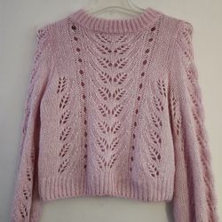 H&M  Crewneck, Bishop Sleeve Wool-Blend Knit Sweater Size :M Color: Pink 