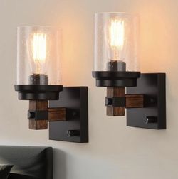 DIMMABLE Rustic Wall Sconces Set of 2, Farmhouse Modern Wood Grain Vanity Light Fixtures