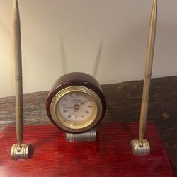 Retro Antique Executive Desk Clock Pen Combo Cherry Wood