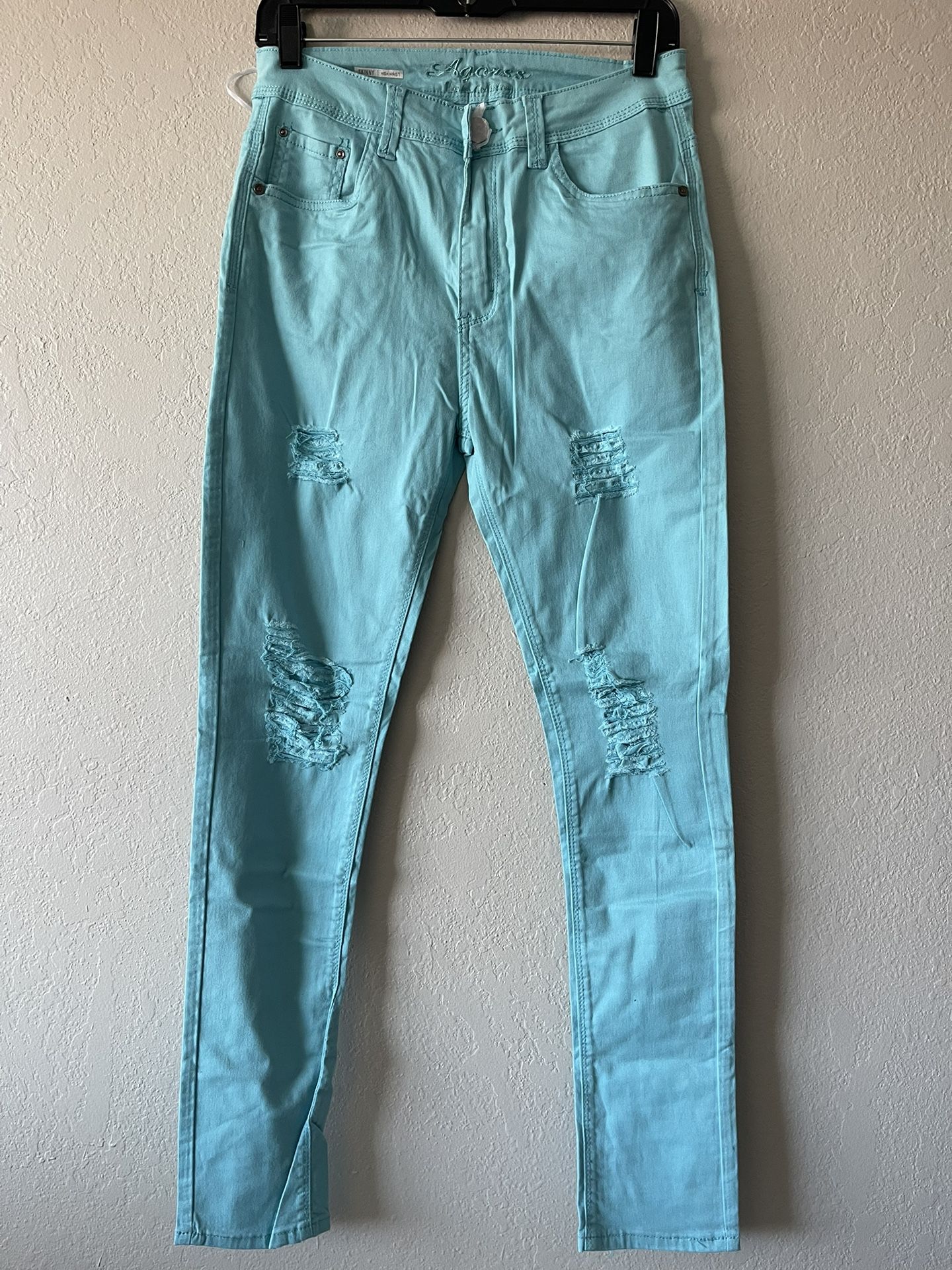 Agorss, NWOT Women’s Teal Blue Distressed Skinny Leg Pockets Pants, Size 15