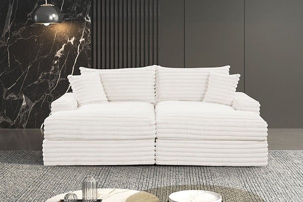 Versoix White Padded Chenille Double Chaise Couch Lounge Sofa Love Seat w/ USB