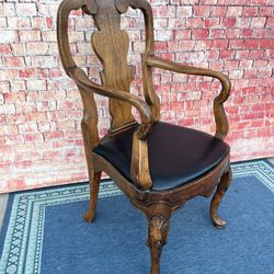 Antique Desk Chair Solid Wood Leather 
