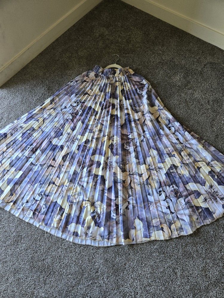 Calvaya Women's French Elegant Pleated High Waist Floral Print Long Skirt, Spring/Summer