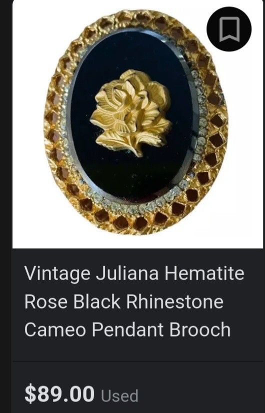 Vintage Juliana Hematite Rose Black Rhinestone Cameo Pendant