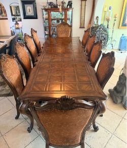 Elegant Solid Maple Formal Dining Table + 12 Upholstered Chairs – Seats 12