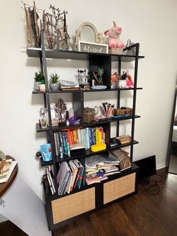 Black Bookcase with Rattan cabinets Display Shelf
