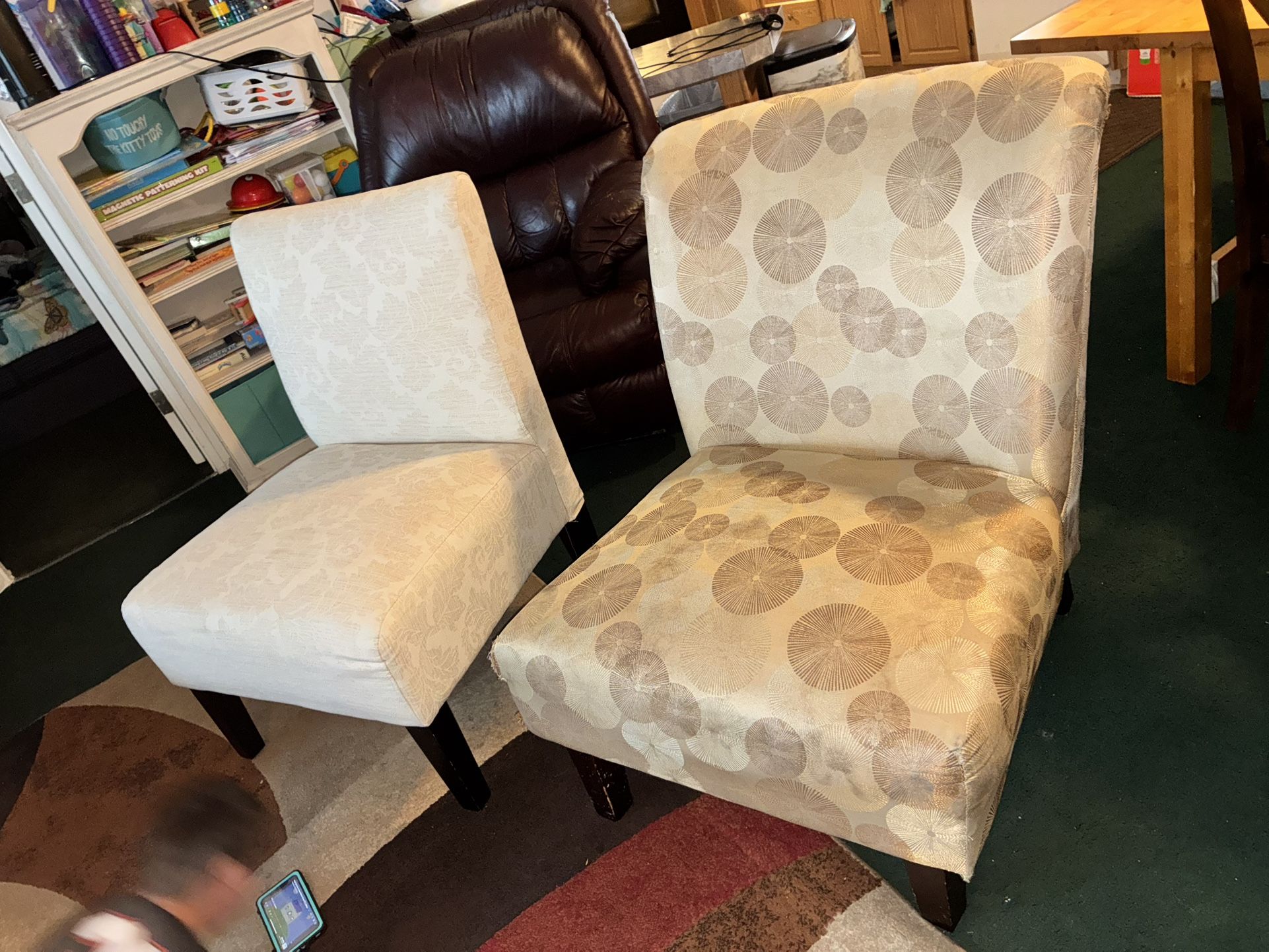 !!- $60 Cute living room, not dining chairs- white one is $60 In great condition. The tan/yellowish ($15) one has a tear on one side and dust from bei