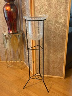 Tall Glass Candle Holder on Iron Stand 41”