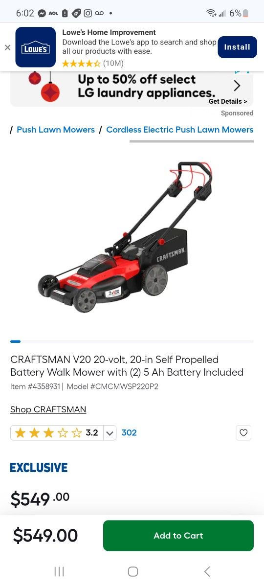 CRAFTSMAN V20 20 volt 20 in Self Propelled Battery Walk Mower with (2) 5 Ah Battery Included $300