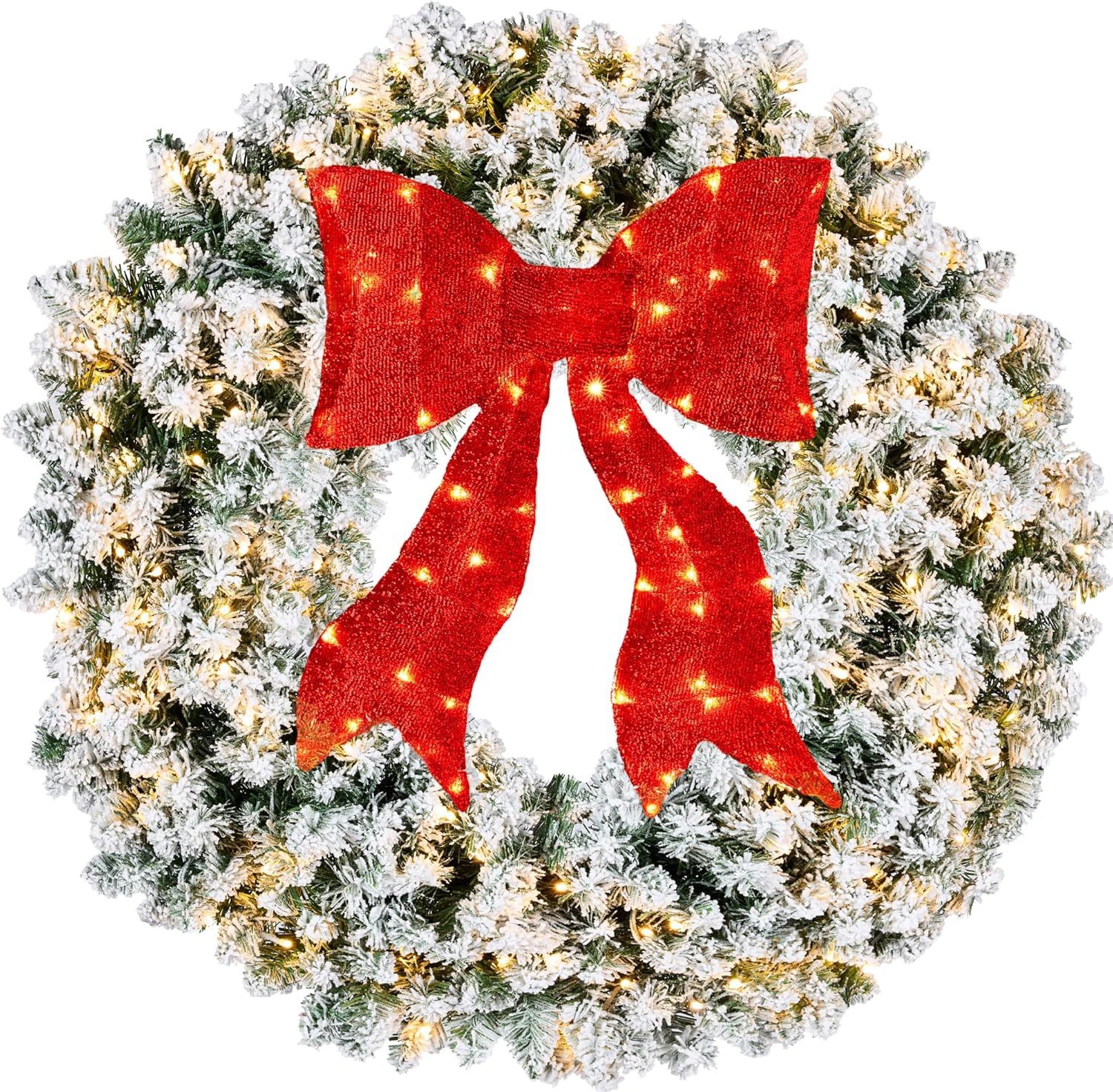 36in Large Flocked Artificial Pre-Lit Fir Christmas Wreat