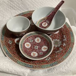 2 Vintage 5 Piece Sets of Chinese Mun Shou Porcelain