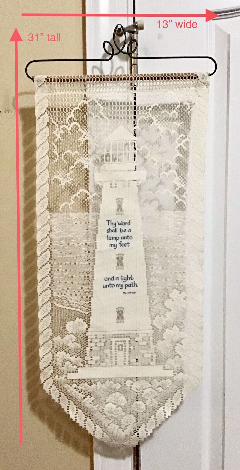 Lace Lighthouse Hanging Tapestry on a Dark Gray Metal Hanger & Wood Dowel