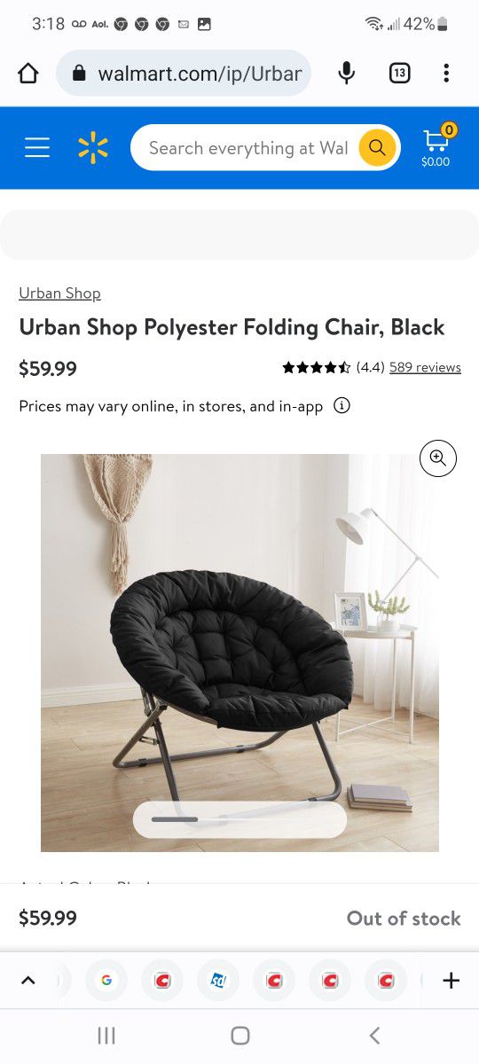 37" Oversized Saucer Chair I have black and grey 1 for $35 2 for $50