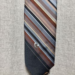 Vintage Pierre Cardin Paris-New York Striped Navy Gold  Blue Brown Tie Logo