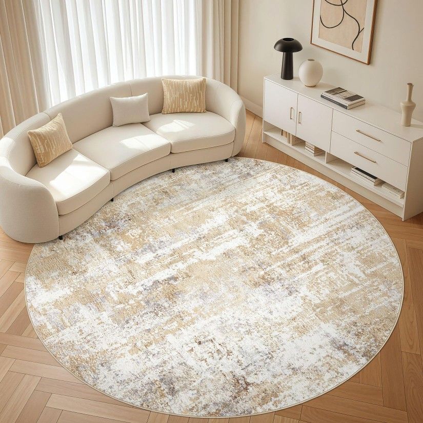 8 Ft Diameter Round Boho Rug. Gray Gold Colors