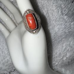Vintage Natural Red Coral & Sterling Gemstone Ring, size 8 