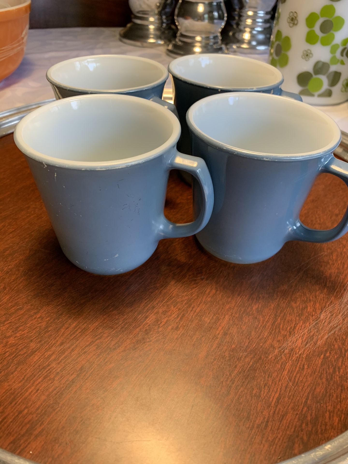 4 Pyrex vintage slate blue coffee cups with D handle