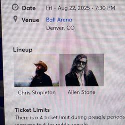CHRIS STAPLETON TICKETS 8/22 7pm 4 Tickets Each $125.00