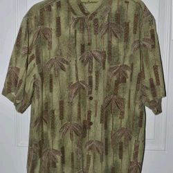 Tommy Bahama Men's Hawaiian Shirt Green/Brown, Size Large,100% Silk,Palm Tree Print