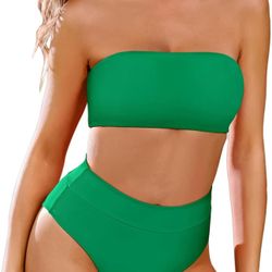 Pink Queen 2 Piece High Waisted Bikini Sets For Women Bandeau Top Swimsuit Swimwear Bathing Suit Veronese Green 2XL