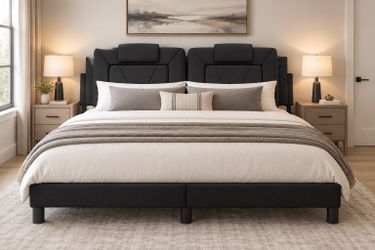 King Size Faux Leather Adjustable Bed Black Color Modern Style Faux Leather Upholtered Platform Bed