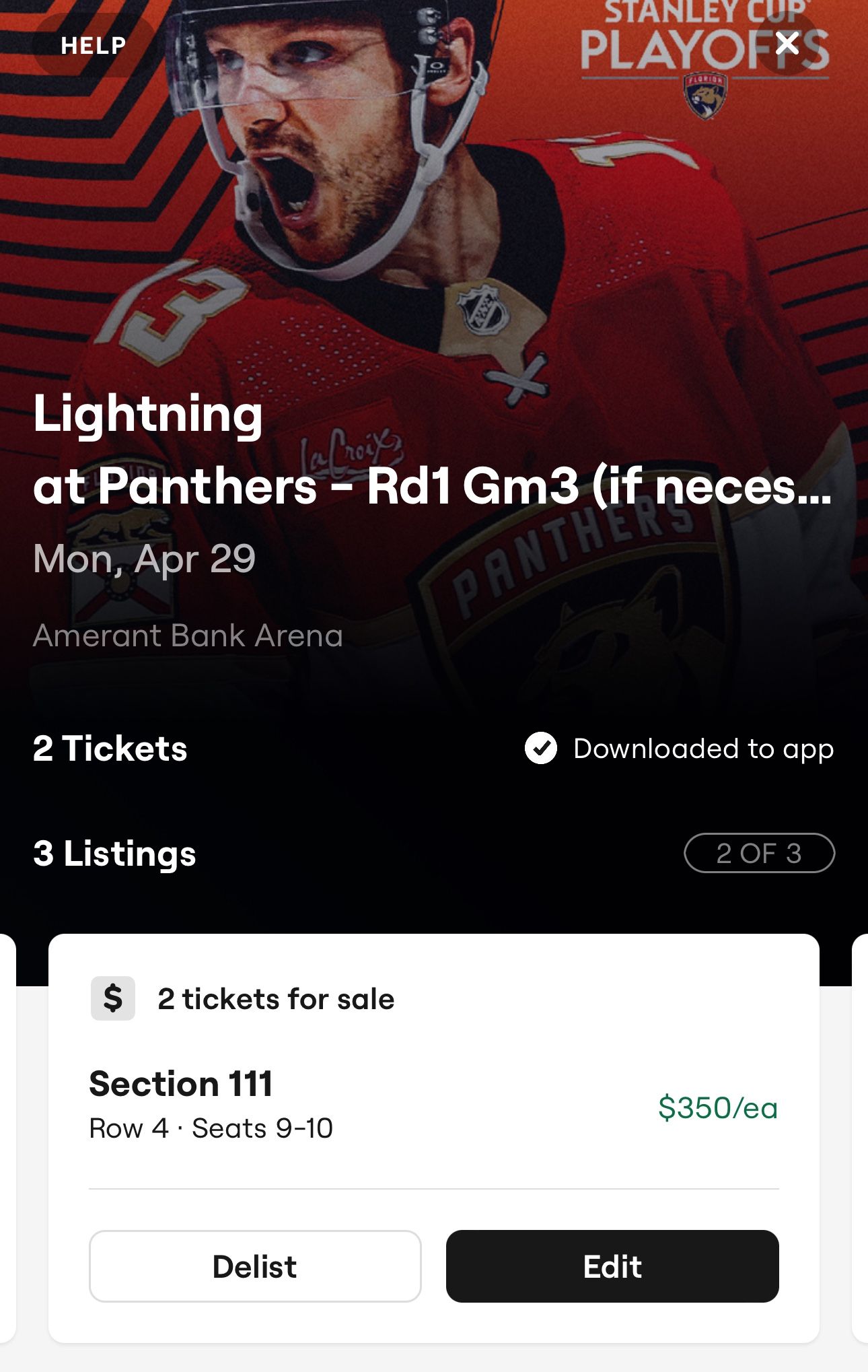 Game 5!!!! Panthers vs TB Row 4 $350