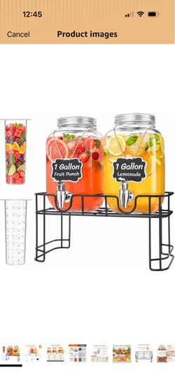 Lifewit 1 Gallon Glass Drink Dispenser with Stand & Fruit Infuser 2 Pcs Leak-Proof Spigot, Stainless Steel Lid, Beverage Container for Juice, Sun Tea 